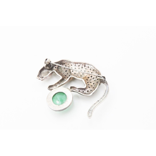 547 - Silver Cabochon Cut Polished Emerald and Marcasite and Onyx Set Panther and Ball Motif Brooch 5cm Wi... 