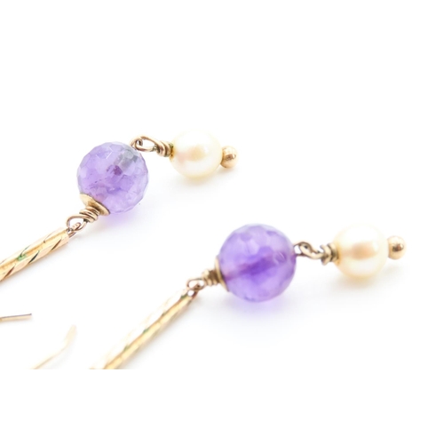 55 - Pair of Amethyst and Pearl Set Ladies Earrings Set on 9 Carat Yellow Gold Each 4cm Drop