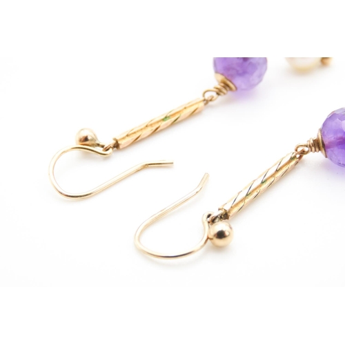 55 - Pair of Amethyst and Pearl Set Ladies Earrings Set on 9 Carat Yellow Gold Each 4cm Drop