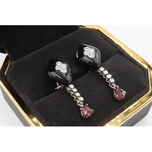 554 - Pair of Attractively Detailed Polished Onyx Ruby and Diamond Set  Earrings Mounted in 18 Carat Yello... 