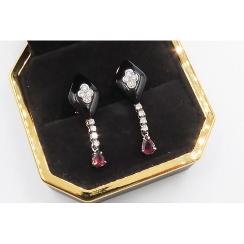 554 - Pair of Attractively Detailed Polished Onyx Ruby and Diamond Set  Earrings Mounted in 18 Carat Yello... 