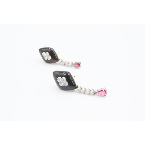 554 - Pair of Attractively Detailed Polished Onyx Ruby and Diamond Set  Earrings Mounted in 18 Carat Yello... 