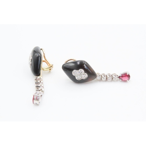 554 - Pair of Attractively Detailed Polished Onyx Ruby and Diamond Set  Earrings Mounted in 18 Carat Yello... 