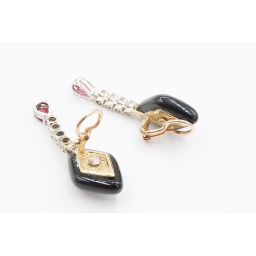 554 - Pair of Attractively Detailed Polished Onyx Ruby and Diamond Set  Earrings Mounted in 18 Carat Yello... 