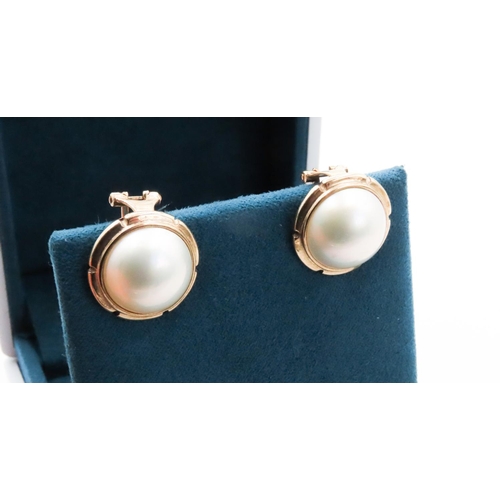 557 - Pair of Pearl Set Earrings Mounted in 9 Carat Yellow Gold 1.5cm Diameter