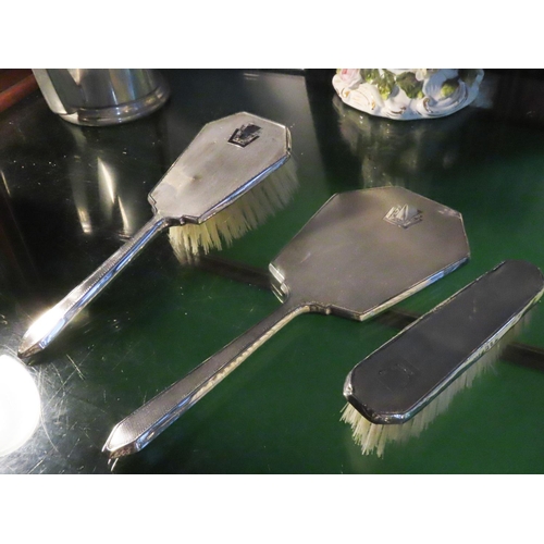 562 - Three Piece Silver Dressing Set Hand Mirror Hair Brush and Clothes Brush Hallmarked