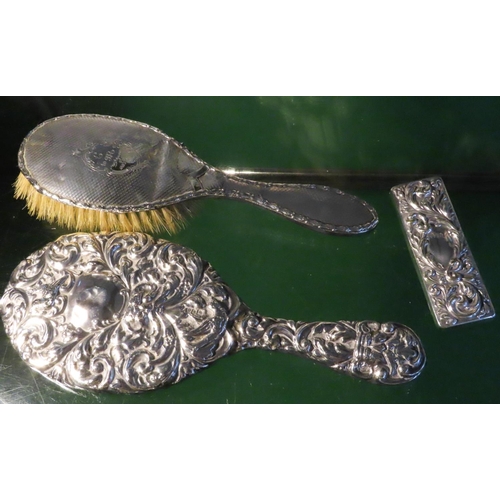 566 - Silver Hand Mirror Silver Hair Brush and Silver Desk Tidy Cover