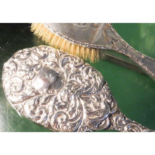 566 - Silver Hand Mirror Silver Hair Brush and Silver Desk Tidy Cover