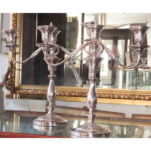 567 - Pair of Old Sheffield Plate Three Sconce Rocco Form Table Candelabra