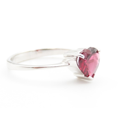 65 - Russian Ruby Heart Cut Three Claw Set Single Stone Ring Set in 9 carat White Gold Ring Size N