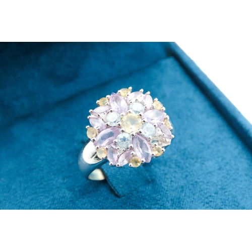 66 - Aquamarine Amethyst and Citrine Set Cluster Ring Mounted in 9 Carat White Gold Ring Size P