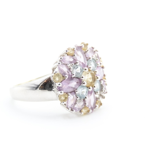 66 - Aquamarine Amethyst and Citrine Set Cluster Ring Mounted in 9 Carat White Gold Ring Size P