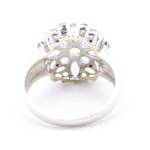 66 - Aquamarine Amethyst and Citrine Set Cluster Ring Mounted in 9 Carat White Gold Ring Size P