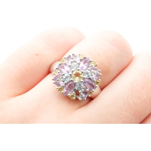 66 - Aquamarine Amethyst and Citrine Set Cluster Ring Mounted in 9 Carat White Gold Ring Size P