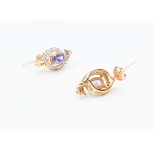 76 - Pair of Four Claw Set Tanzanite and Diamond Set Earrings Mounted in 18 Carat Yellow Gold Each 1.5cm ... 