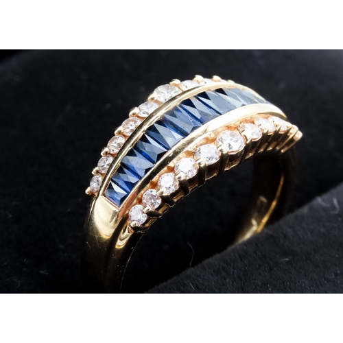 77 - Three Row Baguette Cut Sapphire and Gradual Diamond Set Ring Mounted in 18 Carat Yellow Gold Ring Si... 