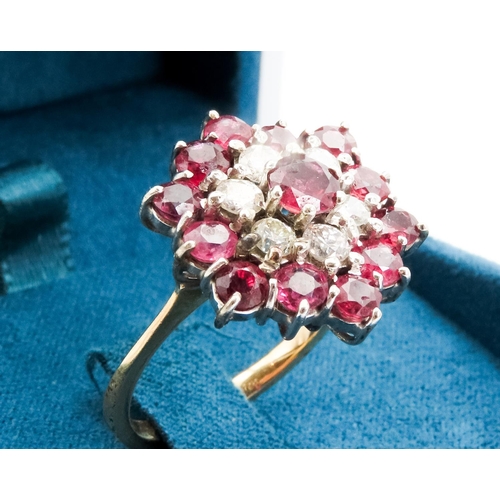 83 - Ruby and Diamond Set Ladies Statement Cluster Ring Set in 18 Carat Yellow Gold Ring Size R Finely De... 