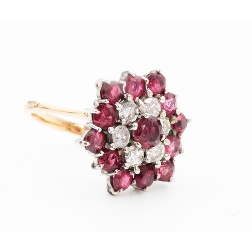 83 - Ruby and Diamond Set Ladies Statement Cluster Ring Set in 18 Carat Yellow Gold Ring Size R Finely De... 