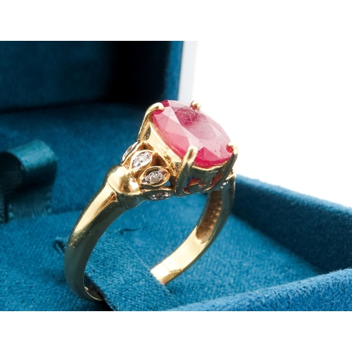 85 - Basket Set Ruby Single Stone Four Claw Ring  Set in 18 Carat Yellow Gold with Diamonds Set Shoulders... 