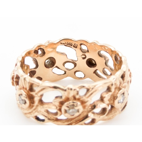 93 - Finely Detailed Filigree Form Ring Set with Diamonds Ring Size P 14 Carat Yellow Gold