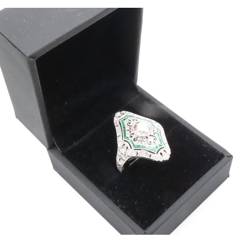 40 - Platinum Diamond Set Panel Ring with Inset Emeralds Lozenge Cut Finely Detailed Throughout  Centre D... 