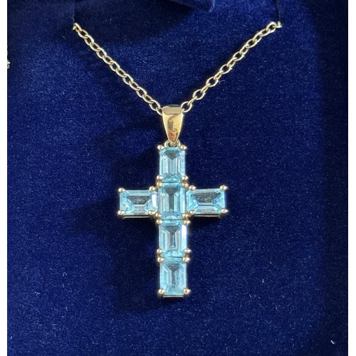 152 - Six Stone Emerald Cut Aquamarine Cross Pendant Set in 9 Carat Yellow Gold 3cm Drop Further Set on 9 ... 