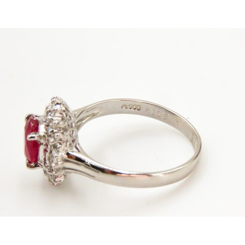 12 - Ruby Set Ring with Further Baguette and Round Cut Diamond Surround Set in Platinum Ring Size K