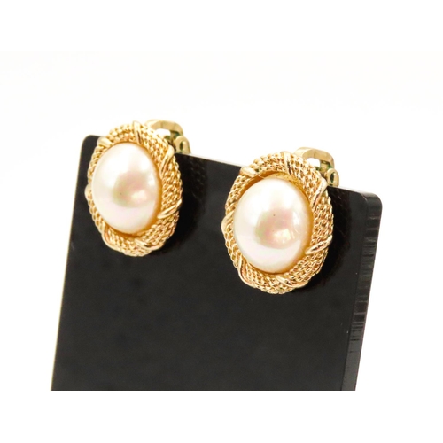 14 - Pair of Christian Dior Fantasy Mabe Pearl Incised Decoration Gold Filled Clip on Earrings 1.5cm Diam... 