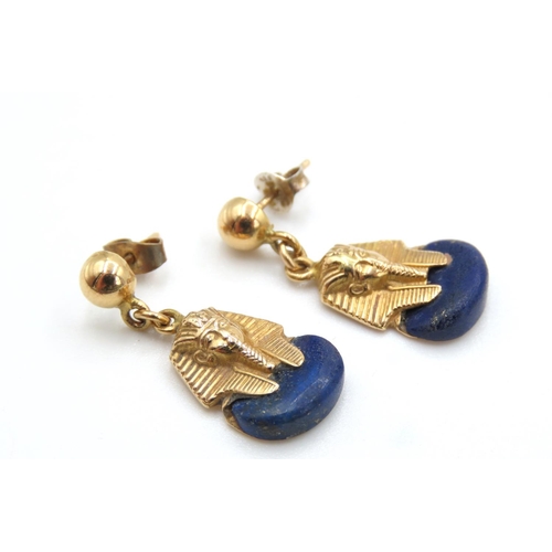 Pair of Lapis Lazuli Set 18 Carat Yellow Gold Pharaoh Motif Earrings Finely Detailed Each 2.5cm Drop