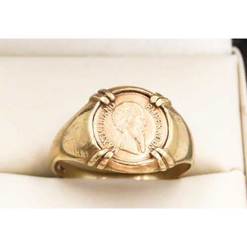 18 - Gold Emperador Maximilano 1865 Coin Ring Set in 9 Carat Yellow Gold Ring Size S