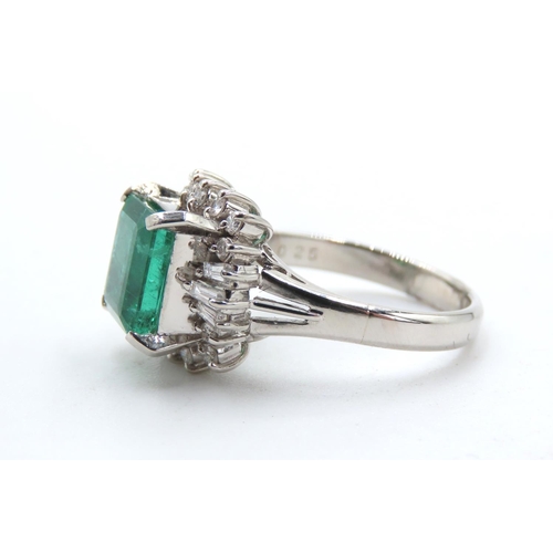 21 - Emerald Centerstone Ring with Round and Tapered Baguette Cut Diamond Halo Set in Platinum Total Emer... 