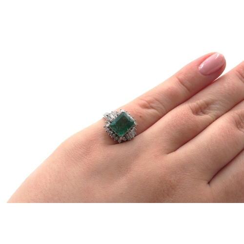 21 - Emerald Centerstone Ring with Round and Tapered Baguette Cut Diamond Halo Set in Platinum Total Emer... 