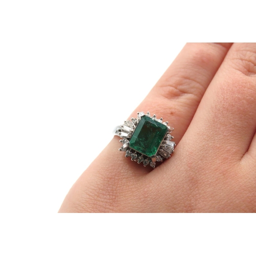 21 - Emerald Centerstone Ring with Round and Tapered Baguette Cut Diamond Halo Set in Platinum Total Emer... 