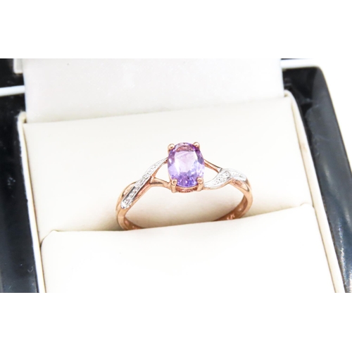 27 - Amethyst and Diamond Set Ladies Ring Four Claw Set Mounted in 9 Carat Rose Gold Ring Size P and a Ha... 