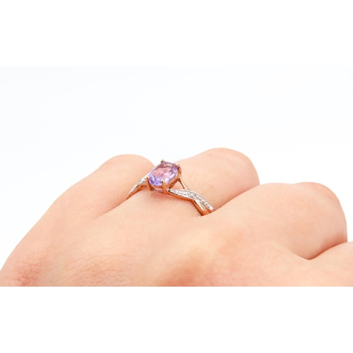 27 - Amethyst and Diamond Set Ladies Ring Four Claw Set Mounted in 9 Carat Rose Gold Ring Size P and a Ha... 