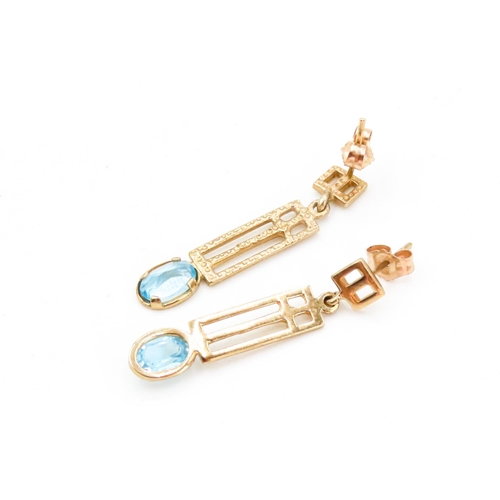 28 - Pair of Oval Cut Aquamarine Set Ladies Earrings Geometrical Form Each 3cm Drop