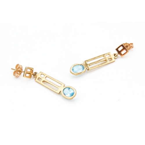 28 - Pair of Oval Cut Aquamarine Set Ladies Earrings Geometrical Form Each 3cm Drop