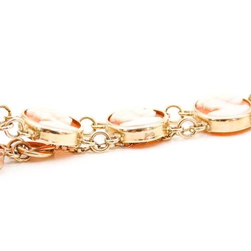 3 - Twelve Cameo Set Ladies Bracelet Articulated Form Set in 9 Carat Yellow Gold 19.5cm Long