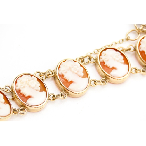 3 - Twelve Cameo Set Ladies Bracelet Articulated Form Set in 9 Carat Yellow Gold 19.5cm Long