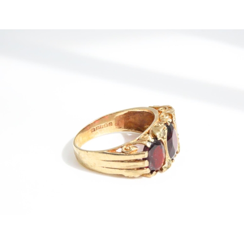 30 - Three Stone Garnet Ring Finely Detailed Set in 9 Carat Yellow Gold Ring Size P