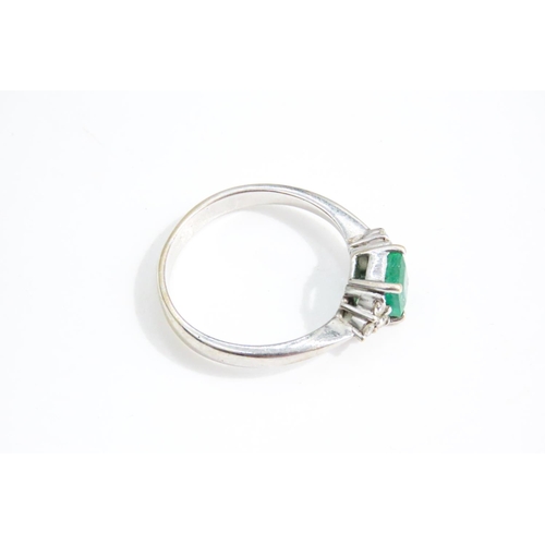 39 - Square Cut Emerald Ring Mounted in 18 Carat White Gold with Further Diamonds Set to Shoulders Ring S... 