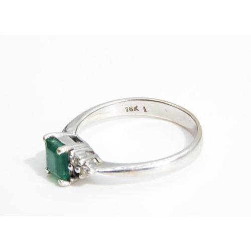 39 - Square Cut Emerald Ring Mounted in 18 Carat White Gold with Further Diamonds Set to Shoulders Ring S... 