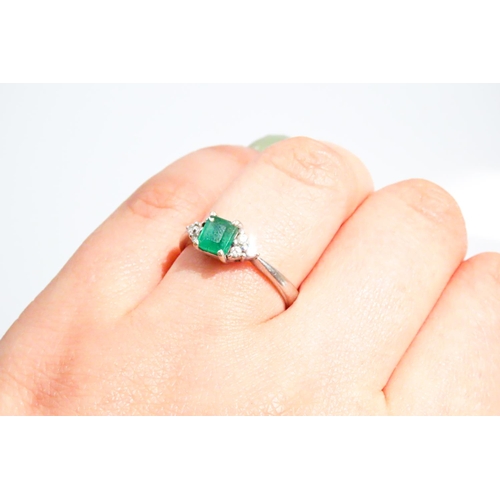 39 - Square Cut Emerald Ring Mounted in 18 Carat White Gold with Further Diamonds Set to Shoulders Ring S... 