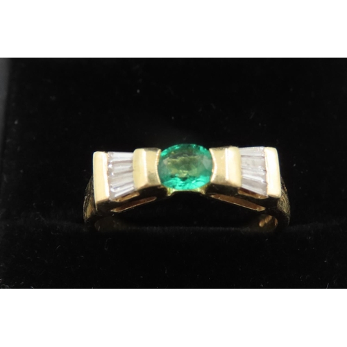 41 - Bar Set Emerald and Tapered Baguette Diamond Set Ladies Bow Form Ring Set in 18 Carat Yellow Gold Ri... 