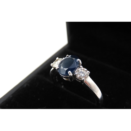 42 - Sapphire and Diamond Set Ladies Three Stone Ring Mounted in 18 Carat White Gold Ring Size N