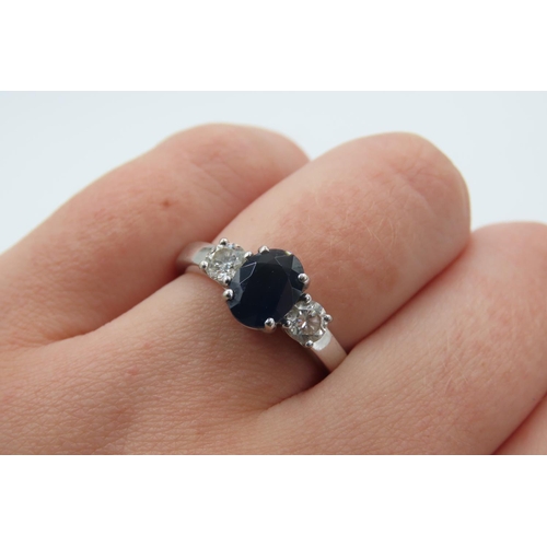 42 - Sapphire and Diamond Set Ladies Three Stone Ring Mounted in 18 Carat White Gold Ring Size N