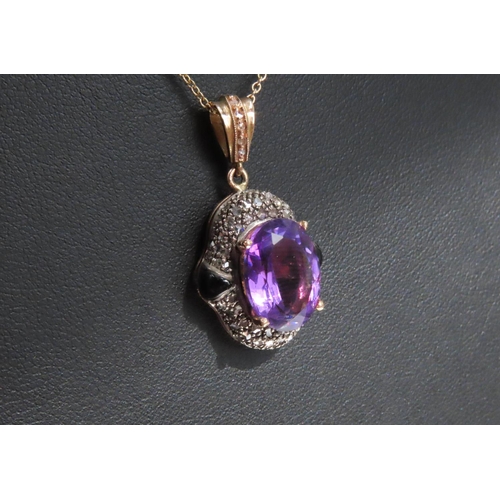 58 - Violet Amethyst Diamond Cluster Set Pendant of Vivid Hue Mounted on 9 Carat Rose Gold Centerstone Fo... 