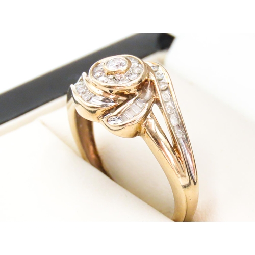 6 - Diamond Set Rose Motif Ring Set in 9 Carat Yellow Gold Attractively Detailed Ring Size N