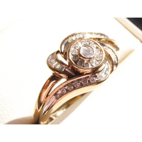 6 - Diamond Set Rose Motif Ring Set in 9 Carat Yellow Gold Attractively Detailed Ring Size N