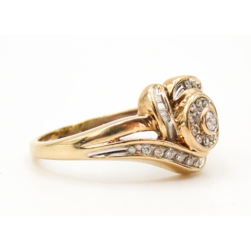 6 - Diamond Set Rose Motif Ring Set in 9 Carat Yellow Gold Attractively Detailed Ring Size N